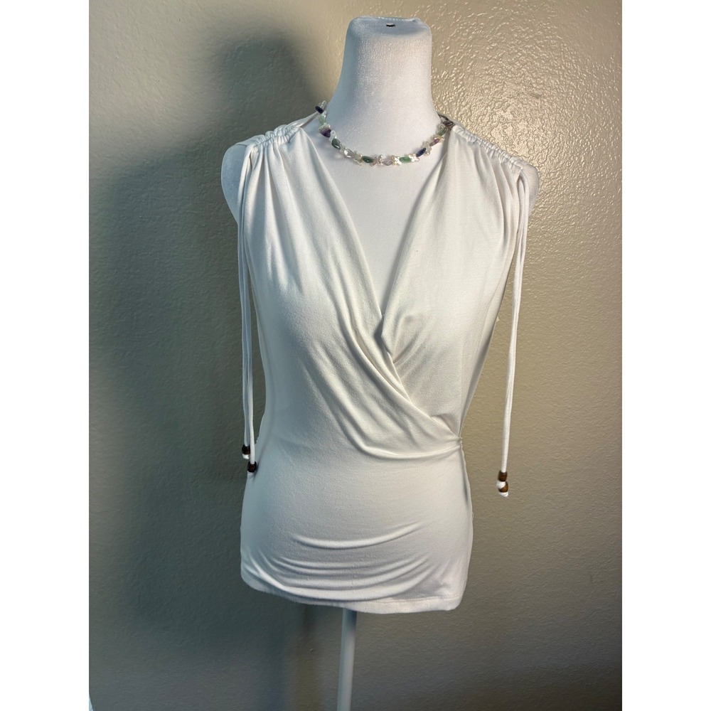 Candies White Wrap Top Sleeveless Wood Ring Bead Detail Surplice V-Neck Large